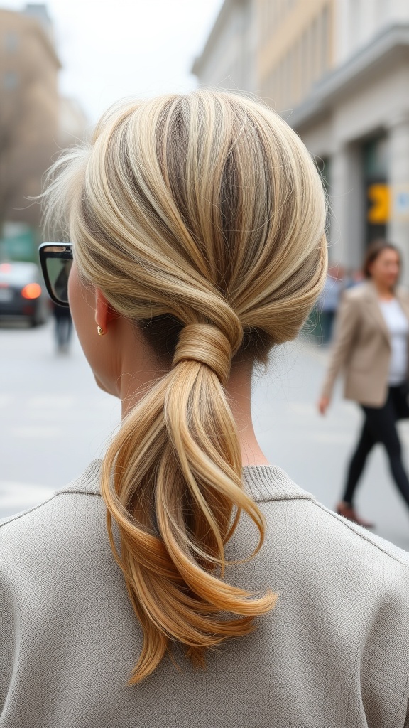 A woman with a stylish ponytail walking in the city