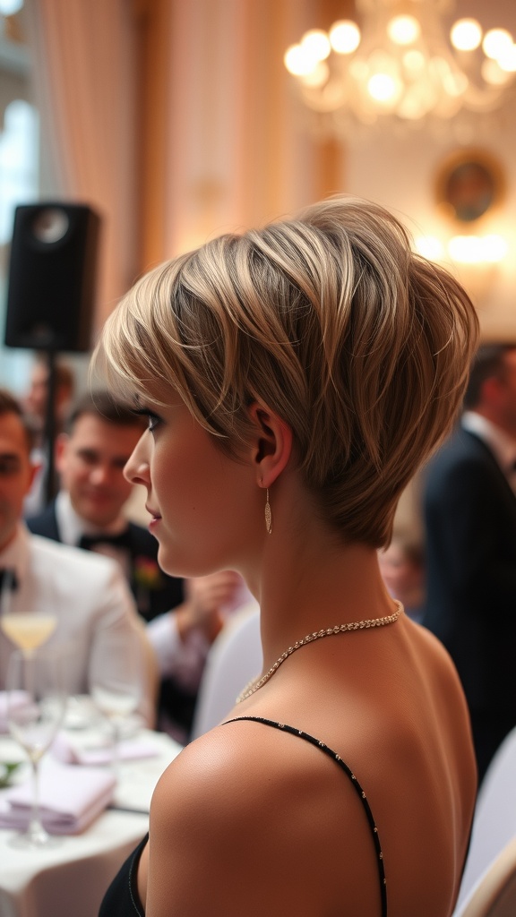 A woman with short shaggy hair styled elegantly for a formal occasion, wearing a black dress and delicate jewelry.