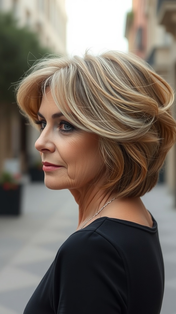 A woman with a stylish short bob hairstyle, showcasing layers and soft waves.