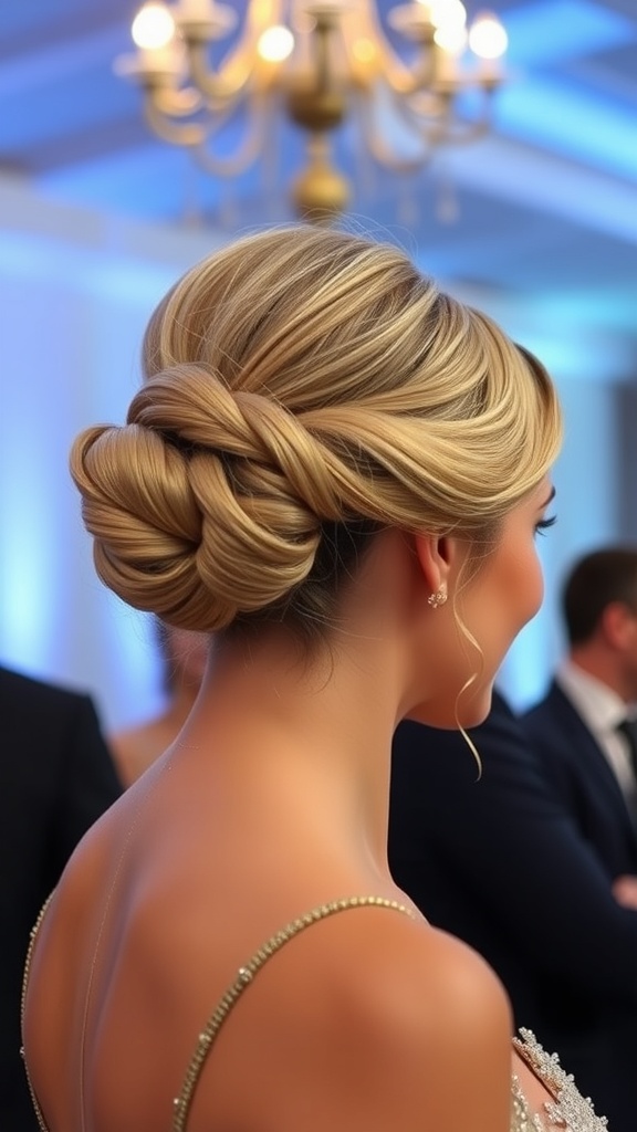 A stylish short updo hairstyle with twisted sections, perfect for formal occasions.