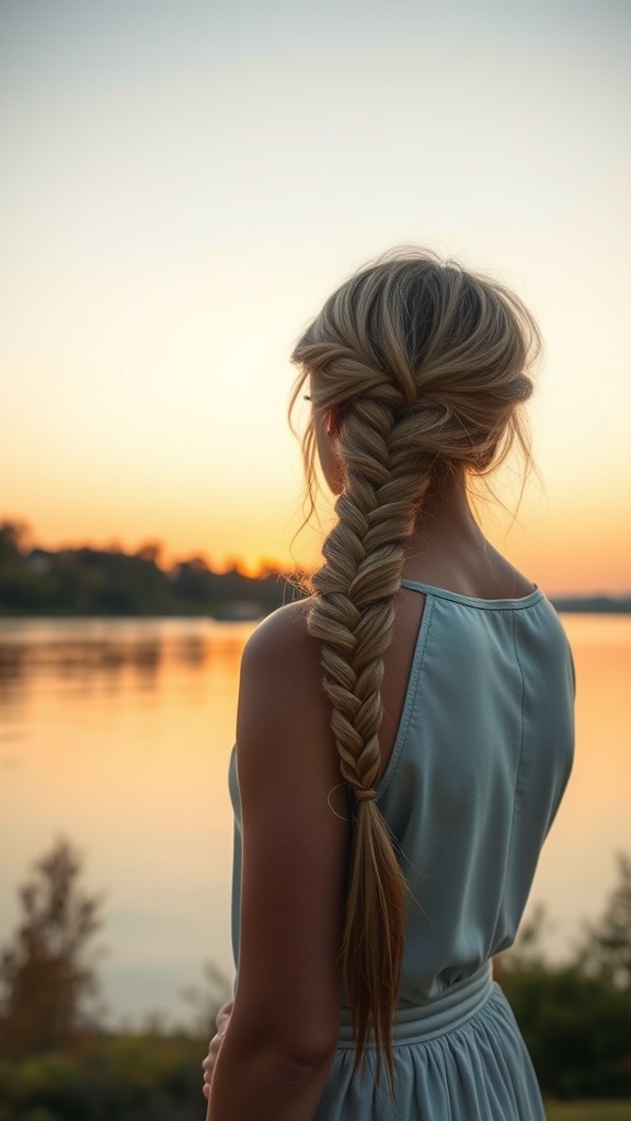 A woman with a side braid standing by the water during sunset.