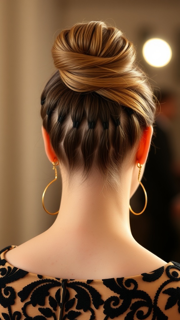 A stylish side shaved chignon hairstyle featuring a twisted bun and intricate braiding.