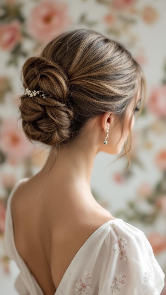 A woman with a tucked chignon hairstyle, featuring soft waves and a delicate hair accessory, set against a floral background.