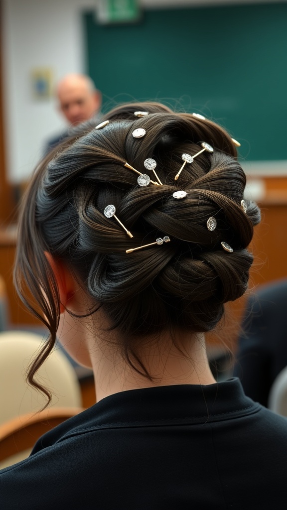 A twisted updo hairstyle adorned with decorative hairpins, viewed from the back.