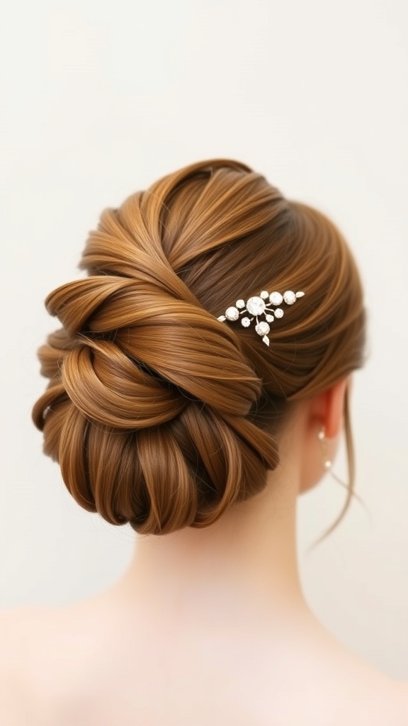 A stylish updo bun hairstyle with intricate twists and a decorative hairpiece.