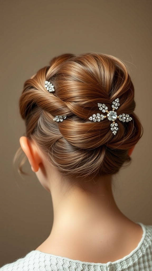 A stylish updo hairstyle adorned with sparkling hair accessories, perfect for formal celebrations.