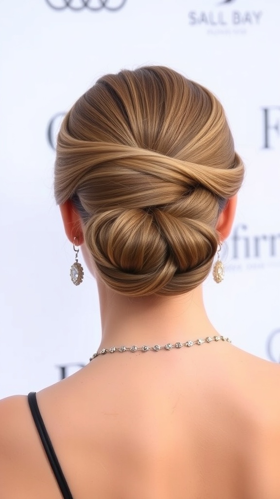 Elegant twisted updo hairstyle for short hair, showcasing a polished and sophisticated look.