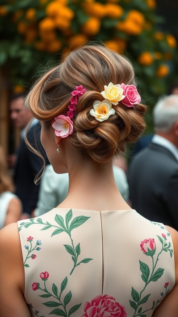 A woman with a stylish updo hairstyle decorated with colorful flowers, wearing a floral dress.