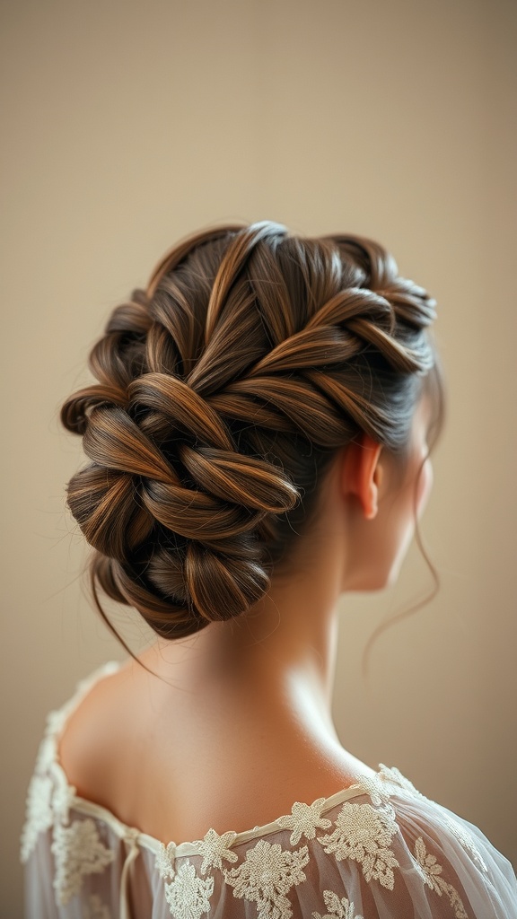 Elegant updo hairstyle featuring baby braids and a bun, with soft waves.