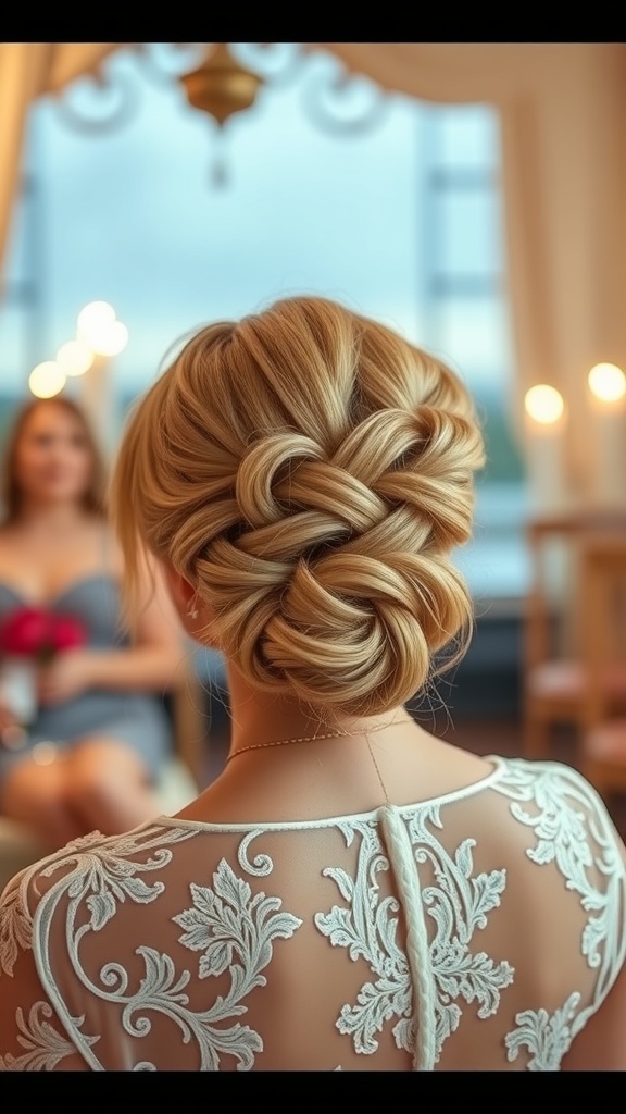 A beautiful updo hairstyle featuring intricate braids, styled elegantly with soft golden tones, complemented by a delicate lace top.