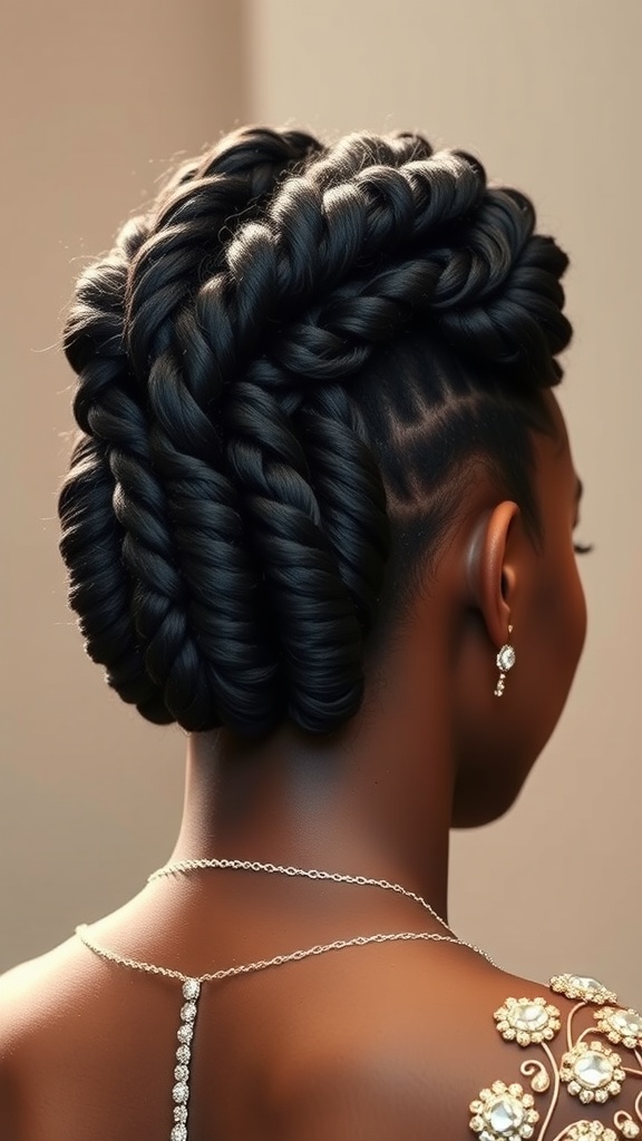 Elegant updo hairstyle featuring Fulani braids, showcasing intricate twists and a polished look.