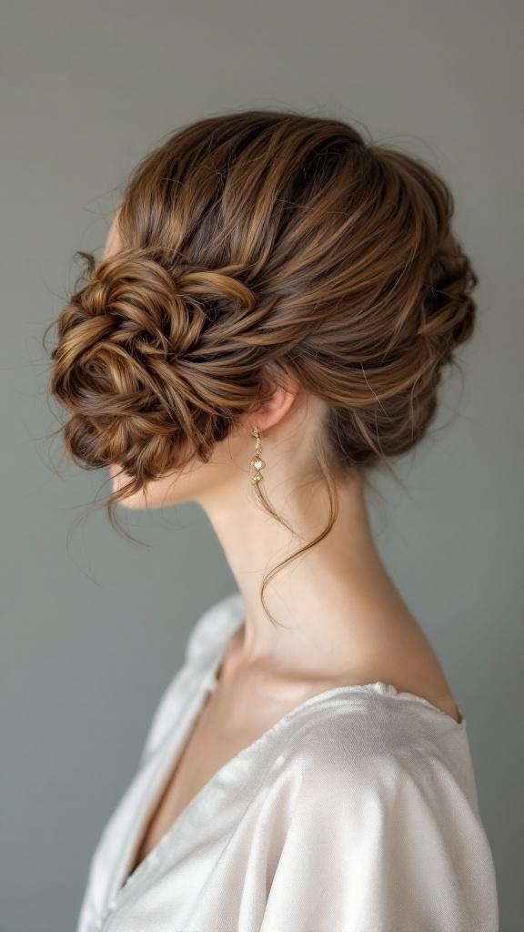 A woman with a layered bob hairstyle styled in an elegant updo, featuring soft twists and loops, complemented by delicate earrings.