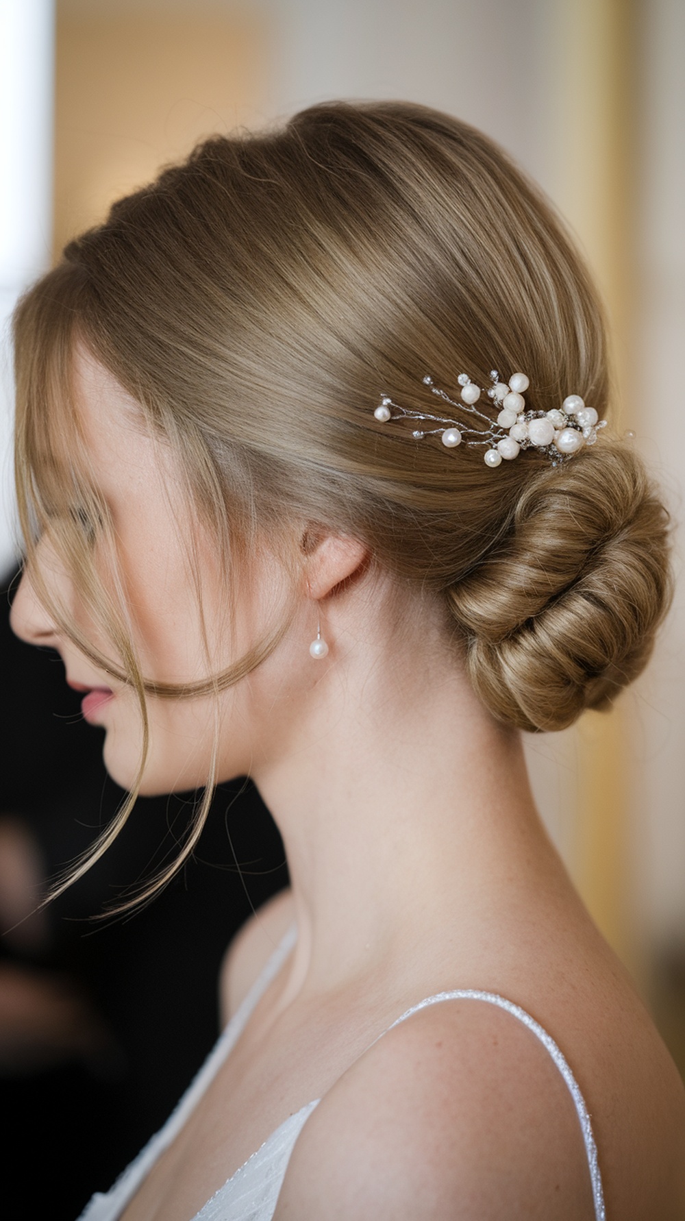 A woman with a neat bun hairstyle adorned with pearl accessories, featuring loose strands framing her face.