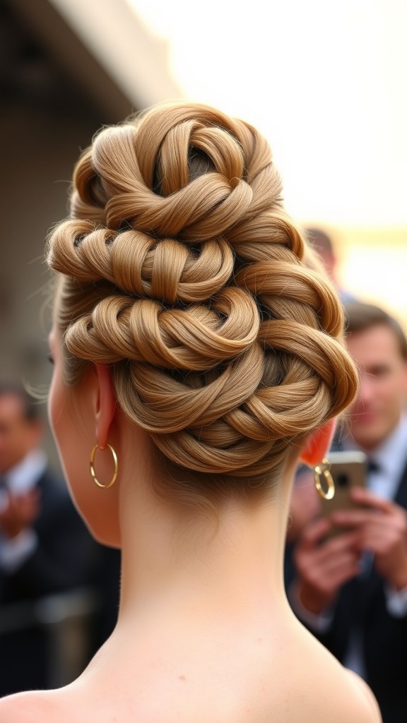 A close-up view of a woman's elegant updo featuring swirl cornrows, showcasing intricate braiding and a polished finish.