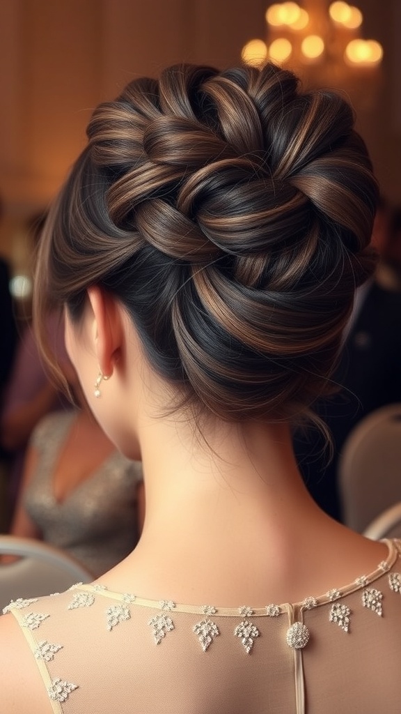 An elegant updo hairstyle featuring textured tendrils, showcasing rich hair tones.