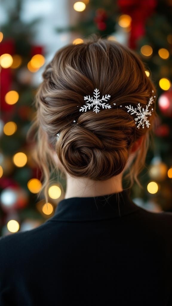 A woman with a stylish updo hairstyle decorated with snowflake hairpins, set against a festive background.