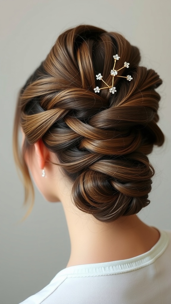 An elegant updo hairstyle featuring intricate twists and a decorative hair accessory.