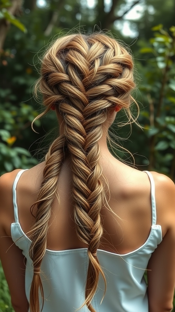 A person with long hair styled in a beautiful waterfall braid, showcasing an elegant and simple hairstyle.