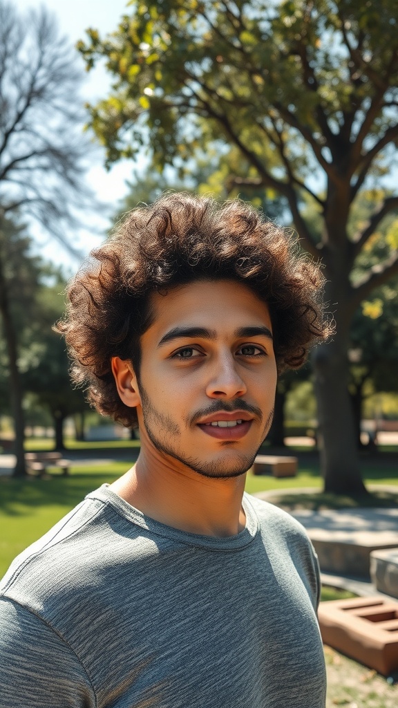 A young man with curly hair smiling in a park setting