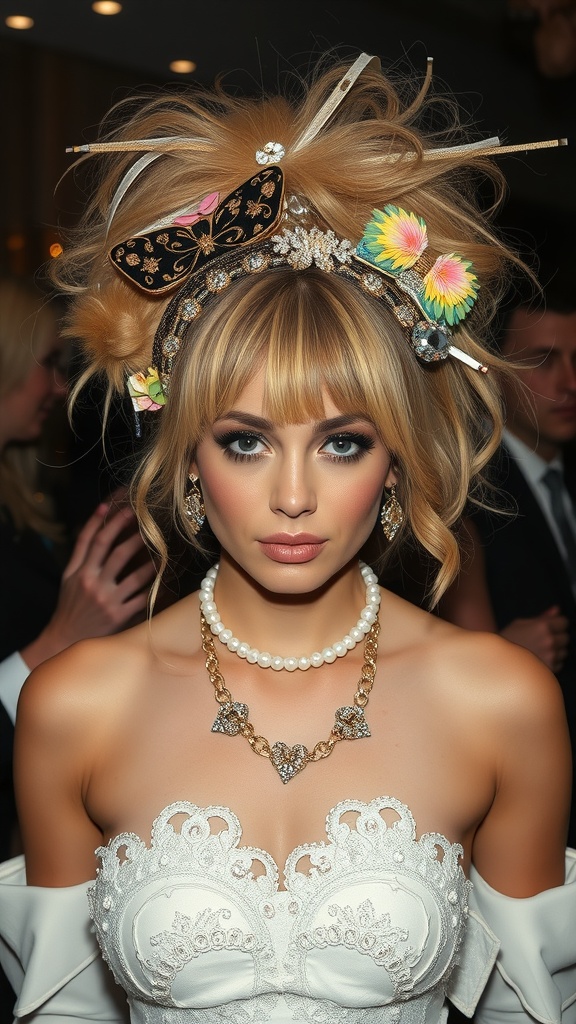 A woman with an elaborate hairstyle featuring numerous colorful hair accessories, including butterflies and ribbons.