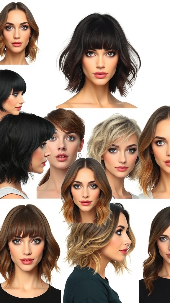 A collage of various shaggy lob hairstyles on different models, showcasing styles and textures.