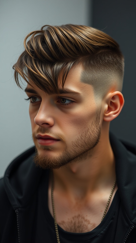 A young man with a fade haircut and long fringe, showcasing a stylish Korean hairstyle.