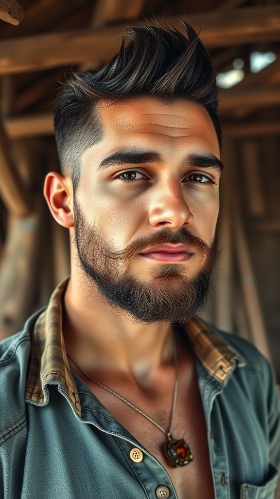 A man with a faded undercut hairstyle and a well-groomed beard.