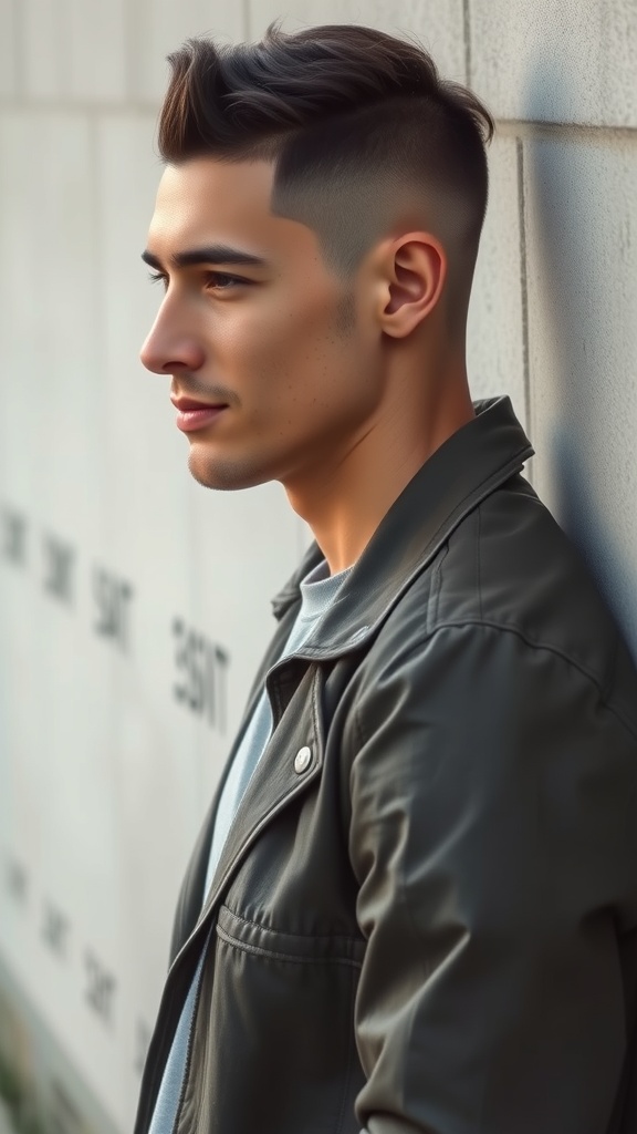 A man with a faded undercut hairstyle, wearing a leather jacket, standing against a wall.