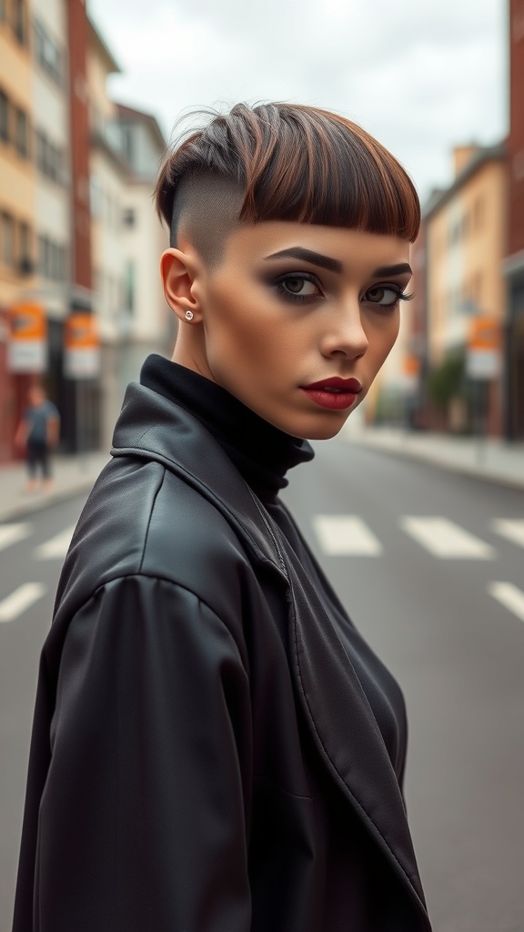 A person with a faded undercut hairstyle, featuring straight hair on top and a clean fade on the sides.