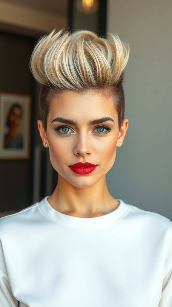 A stylish faux hawk hairstyle with voluminous hair on top and shorter sides.