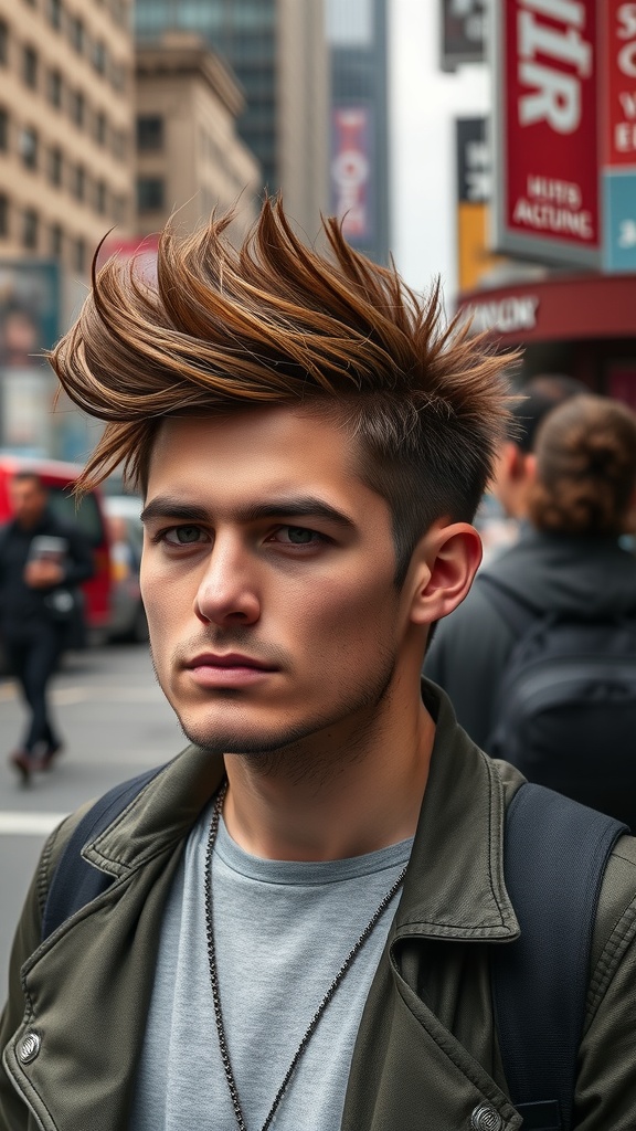 A young man with a faux hawk hairstyle featuring textured layers, standing in an urban setting.