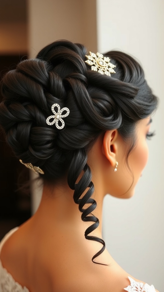 A woman with an elegant faux locs updo, adorned with sparkling hairpins.