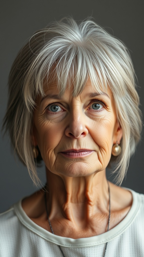A woman with feathered bangs and light hair, showcasing a stylish look.