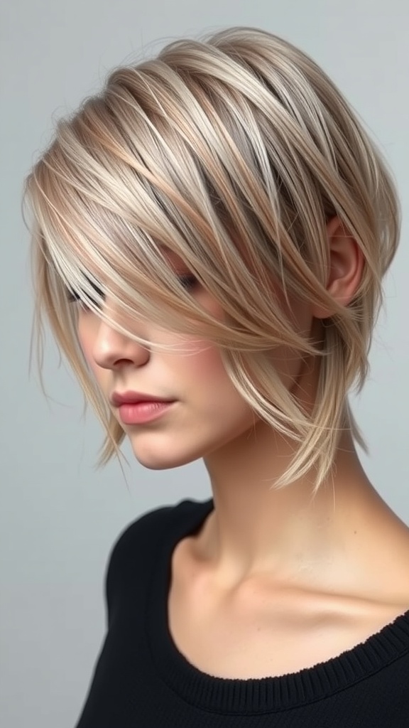A model with feathered layers in her hair, showcasing movement and texture.