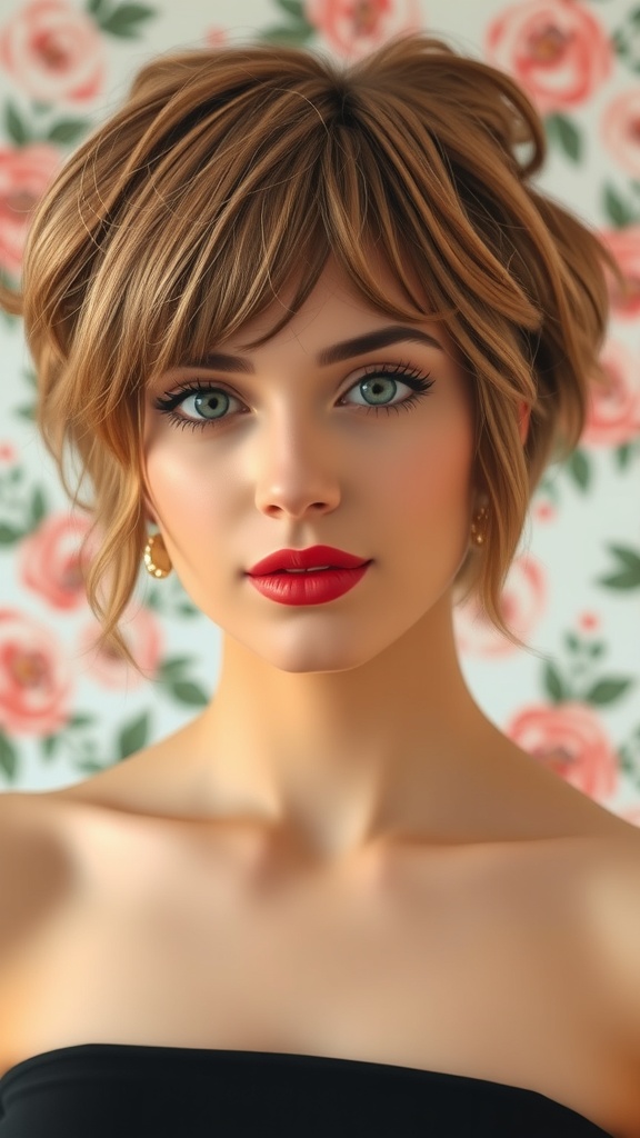 A woman with a short shag hairstyle featuring lightly curled bangs, set against a floral background.