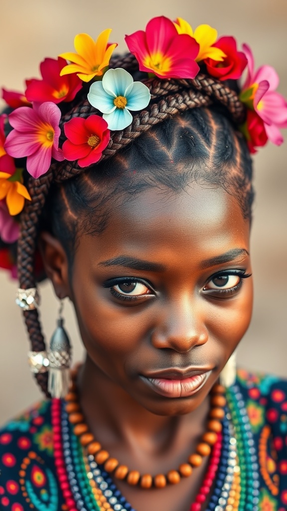 A close-up of a person with Fulani braids decorated with colorful flowers and beads.