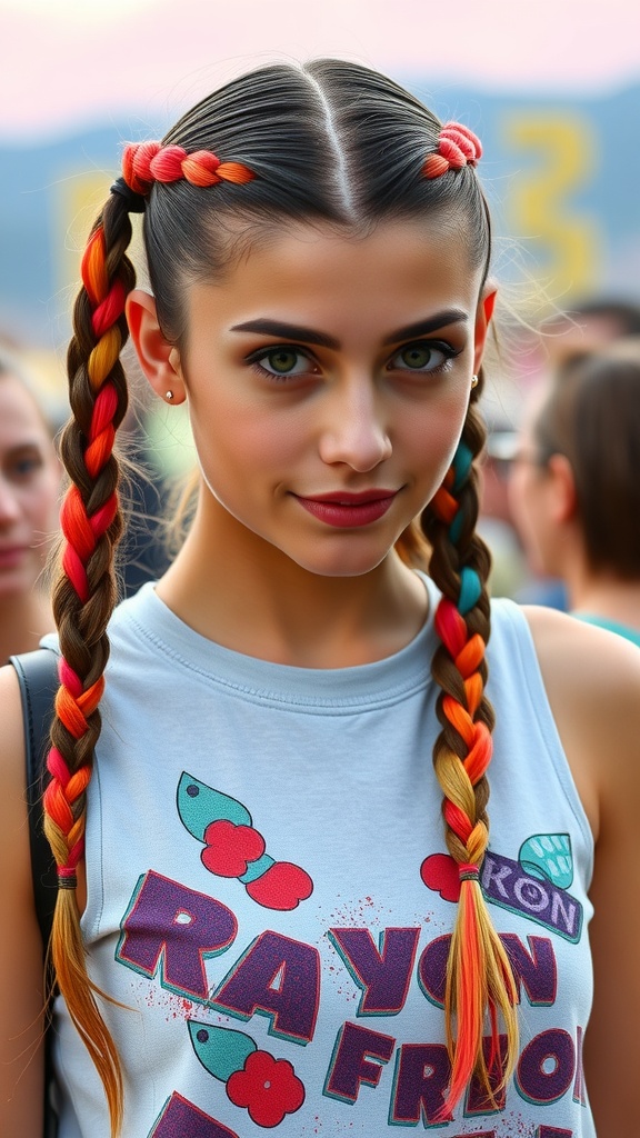 A young woman with colorful braided pigtails at a festival, showcasing vibrant hair and a casual outfit.