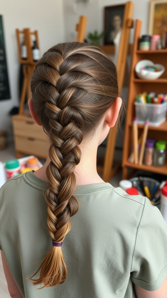A close-up view of a fishtail braid on a child's hair, showcasing its intricate design.