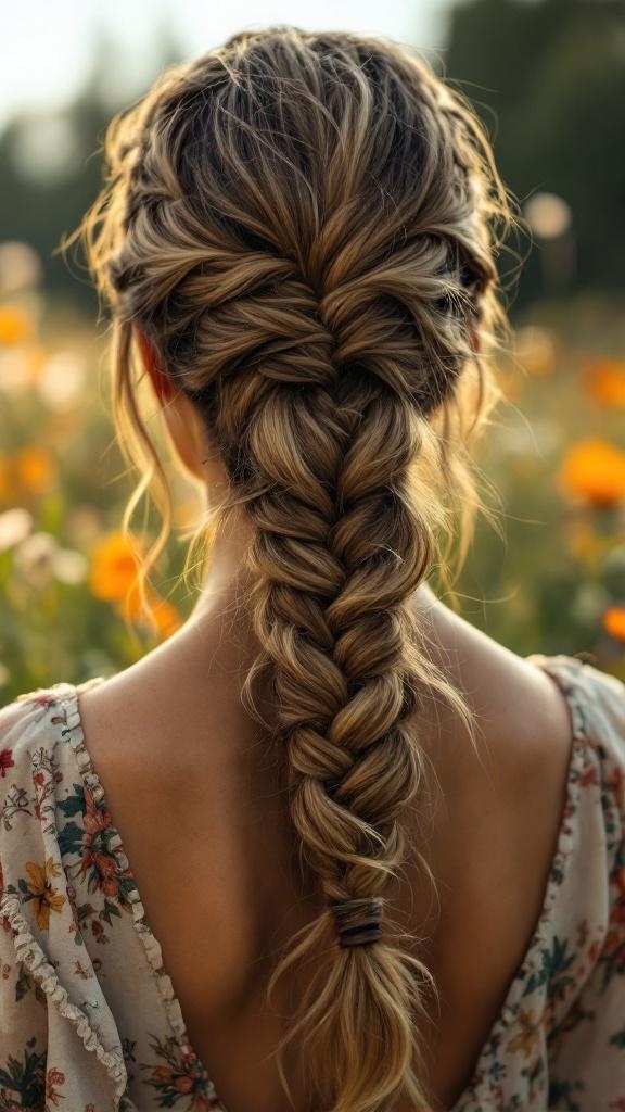 A fishtail braid ponytail styled on a person with floral attire, set against a backdrop of flowers.