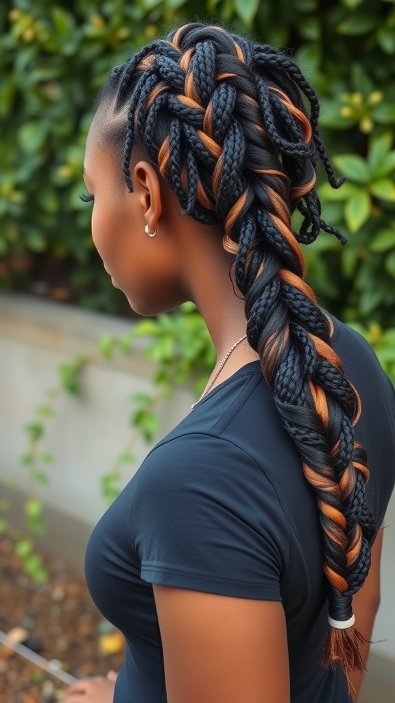 A woman with dyed locs styled in a fishtail braid, showcasing a blend of dark and warm tones.