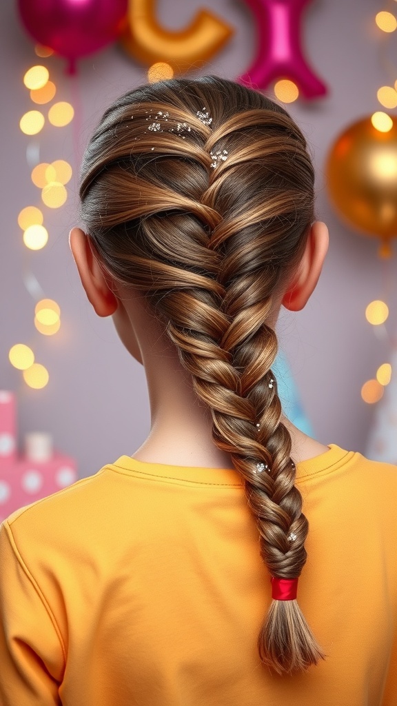 A fishtail braid with glitter spray, secured with a red ribbon, set against a festive background with balloons and decorations.