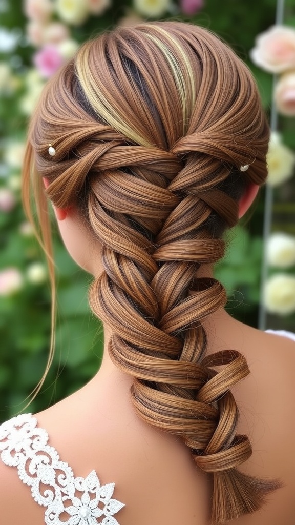A fishtail braid adorned with pearls, showcasing a beautiful hairstyle for wedding guests.