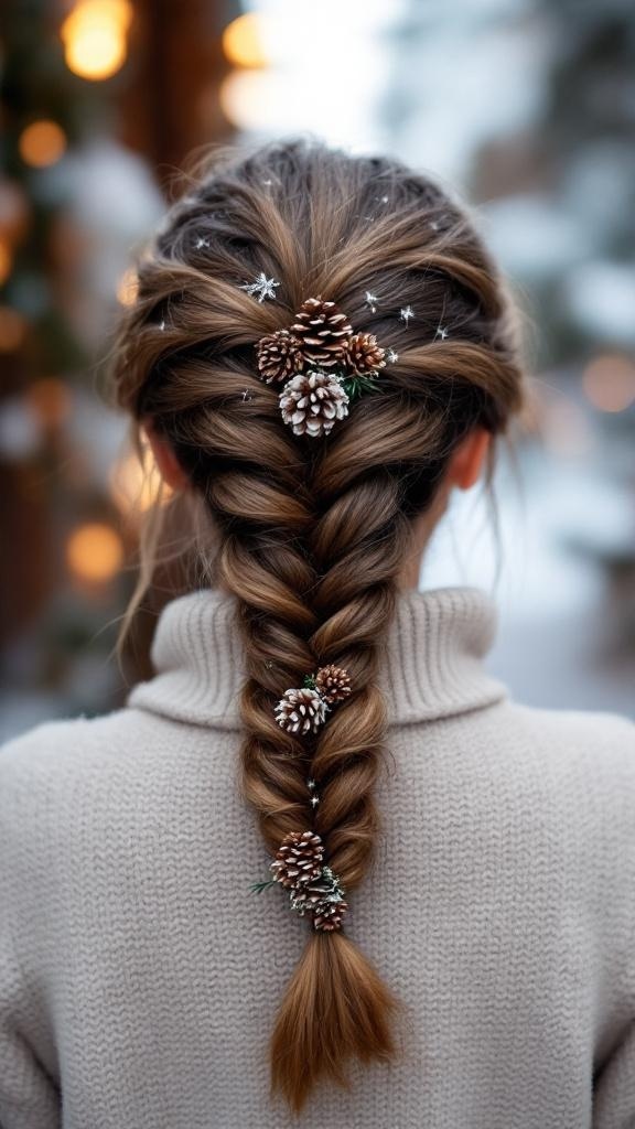 A fishtail braid adorned with pinecone clips, showcasing a festive hairstyle.