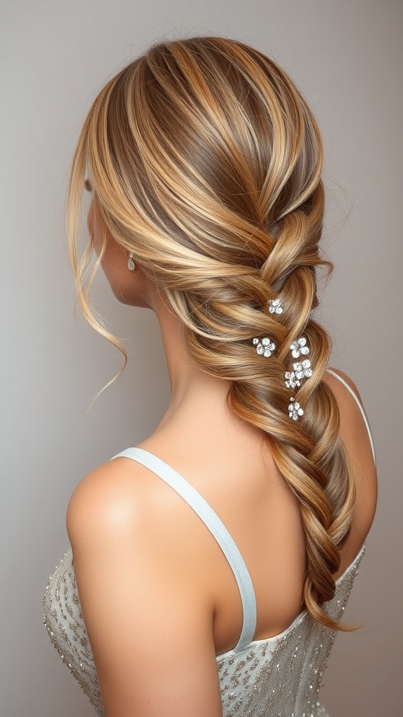 A fishtail braid hairstyle adorned with sparkly hair accessories, styled elegantly for prom.
