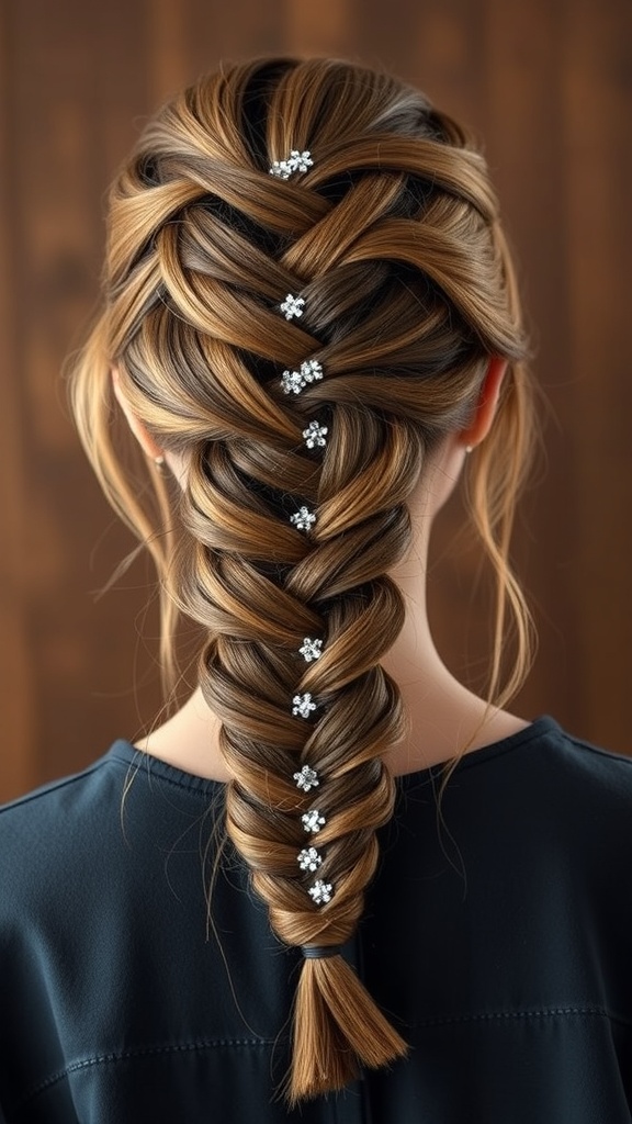 A fishtail braid hairstyle with sparkling accents, showcasing intricate weaving and a blend of hair colors.