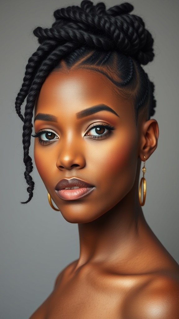 A close-up of a woman with flat twists leading to a bun, showcasing natural hair texture.
