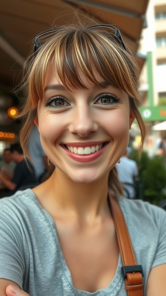 A smiling woman with flirty bangs, showcasing a summer hairstyle.