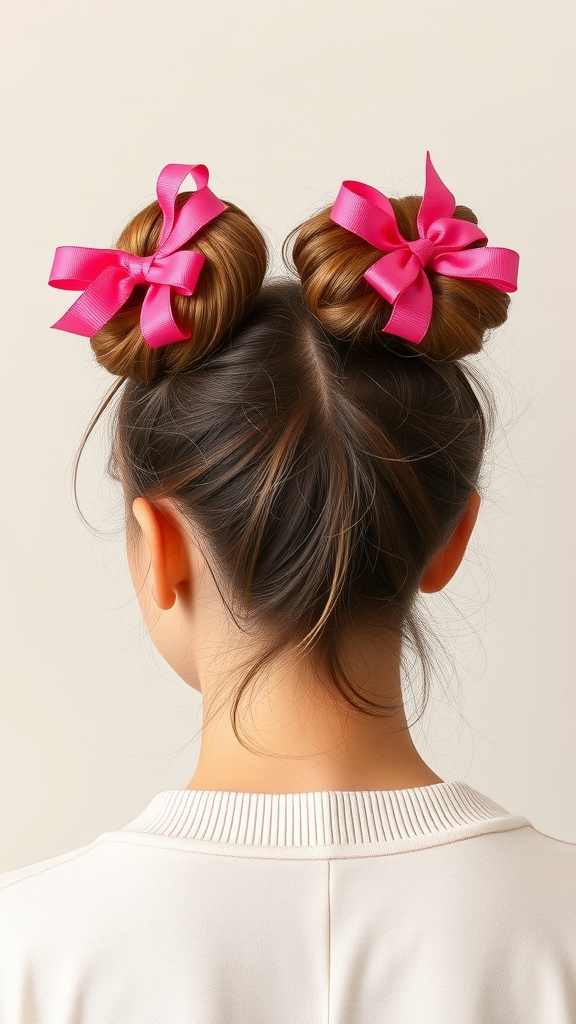 A girl with two flirty space buns tied with pink ribbons.