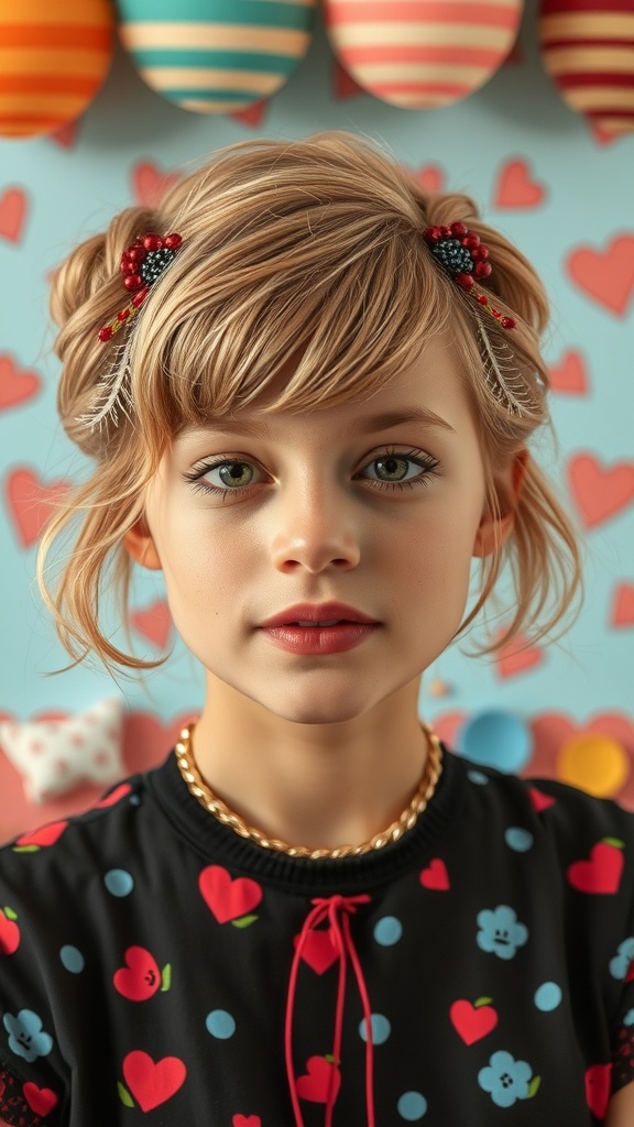 A young girl with short hair styled in flirty waves, adorned with colorful hair accessories, against a playful background.