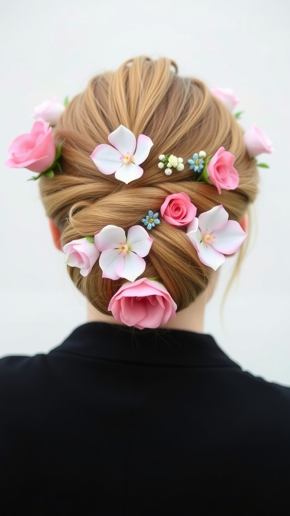 A beautiful floral bun hairstyle featuring pink roses and white flowers.